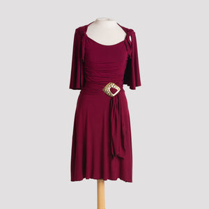 Audrey Dress in Burgundy with cape, sash & diamond buckle