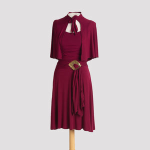 Cape in Burgundy pictured with Audrey Dress