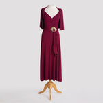 Melody Dress in Burgundy with cape, sash, & diamond buckle