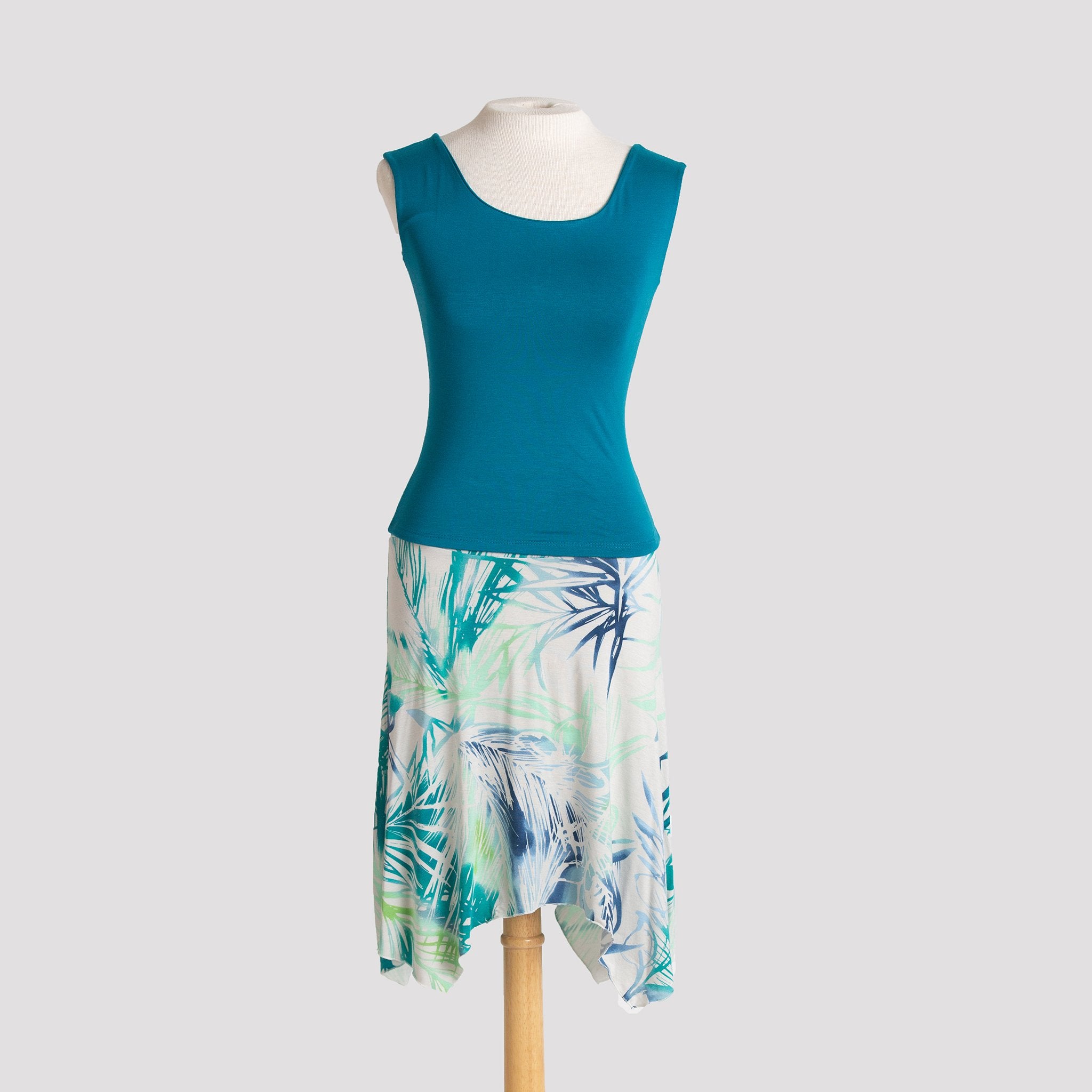 Shell Top in Green Teal, shown with Short Handkerchief Skirt